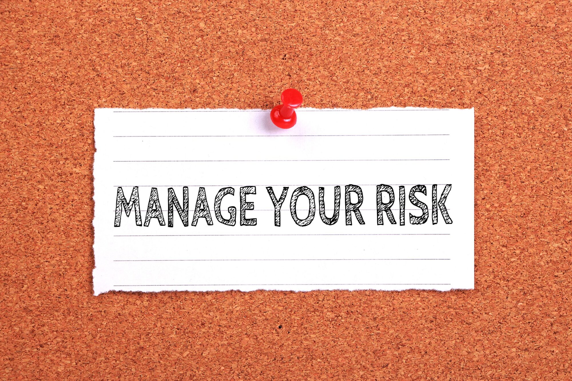 Manage Your Risk note paper pinned on the cork background.